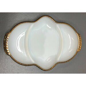 Anchor Hocking Fire King Milk Glass Relish Dish Divided Tray Gold Trim 11"x8"